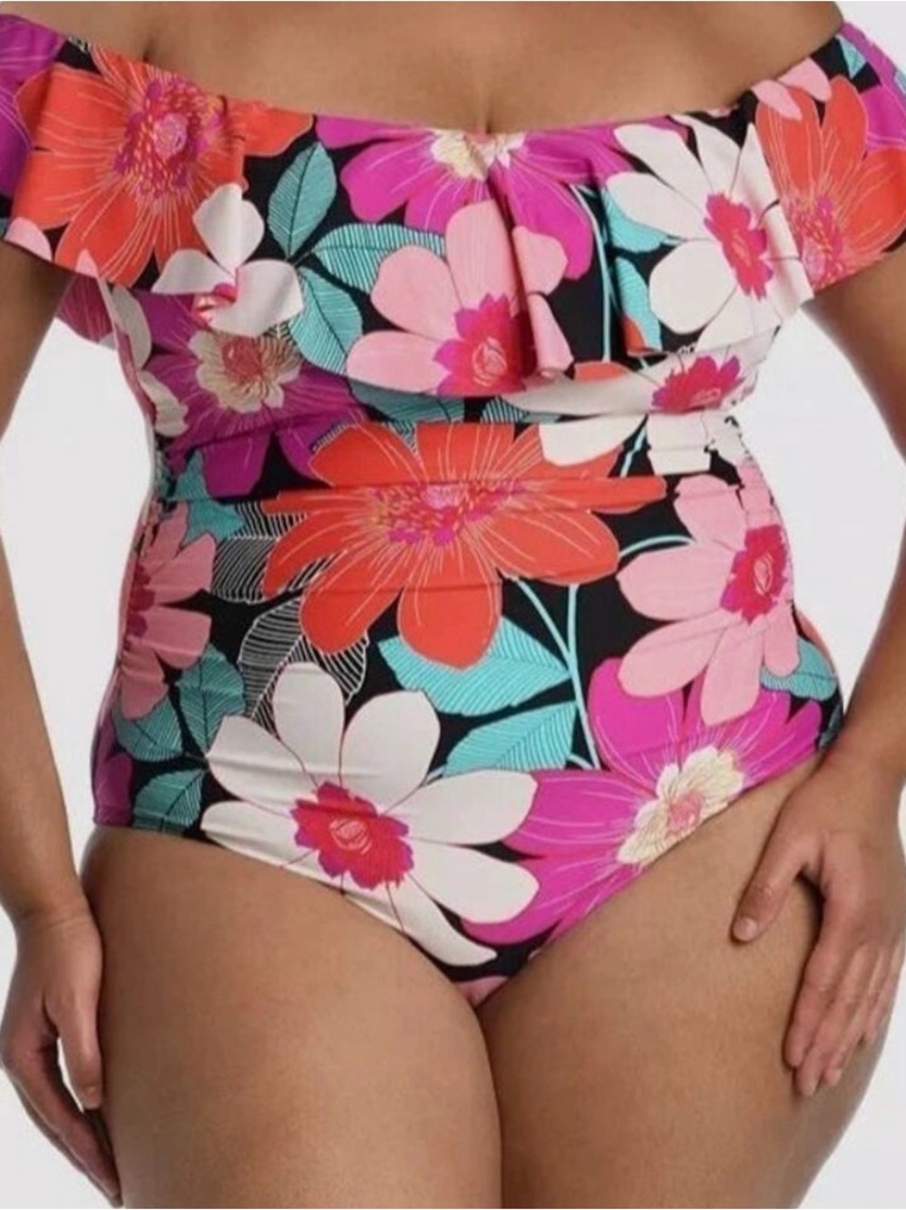 Off-Shoulder Floral One-Piece Swimsuit - Pink Multi
